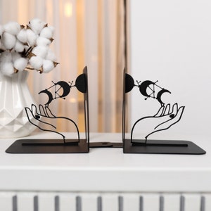 Book Lover Gift Moon Phase Bookends Unique Hands Book End Cool Bookend Minimalist Line Hand Astronomy Home Decor Book Lover Gift for Mom