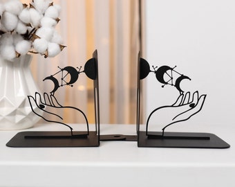 Moon Phase Bookends: Black Metal Bookends, Celestial Home Decor