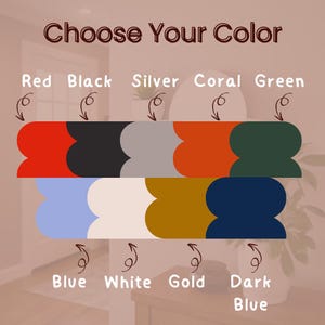 Pu&ograve; includere: Una tabella colori intitolata Choose Your Color che mostra dieci forme arrotondate dai bordi ondulati in rosso, nero, argento, corallo, verde, blu, bianco, oro e blu scuro. Ogni colore &egrave; etichettato con il suo nome e una freccia curva.