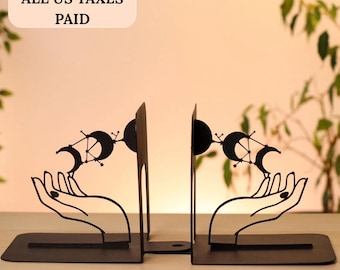 Bookends Moon Phases Hand Modern Black Metal Shelf Decor Spiritual Witchy Home Accent Unique Book Stoppers Gift for Astrology Lovers