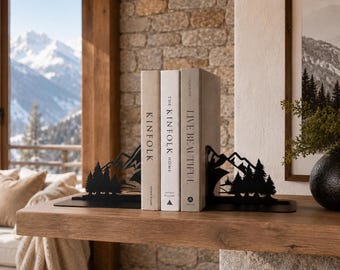 Metal Mountains Bookends: Book Organizer for House in Forest, Nature Shelf Decor