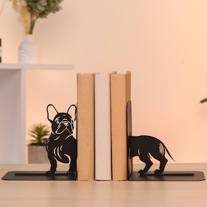 Book Ends Metal French Bulldog Cute Dog Bookshelf Organizer for Home Decor Gift for Dog Lovers and Frenchie Fans Metal Holder for Books