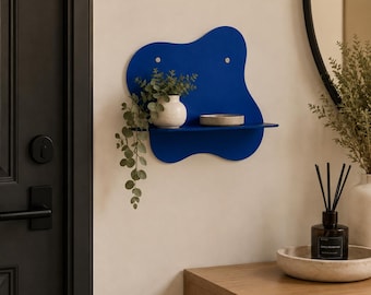 Blue Abstract Metal Floating Shelf: Modern Wall Storage, Entry Office Decor