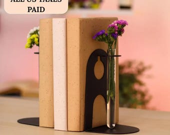 Propagation Bookends with Glass Tube Vase, Modern Metal Plant Holder