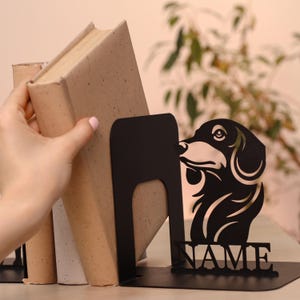 Bookends Custom Metal Dog Bookends Personalized Name Holder for Book Small Space Storage Gift for Dachshund Lovers Metal Book Shelf Decor