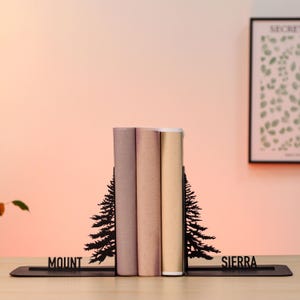 Bookends Forest Mountain Metal Book Holder Rustic Home Library Gift for Nature Lover Cabin Bookshelf Decor Gift for Hikers Custom Book Ends