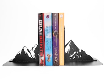 Mountains Bookends, Black Metal Snow Peak Book ends, Nature Bookshelf Art Decor, Traveler Gift Library Storage, Unique Alp iron decoration