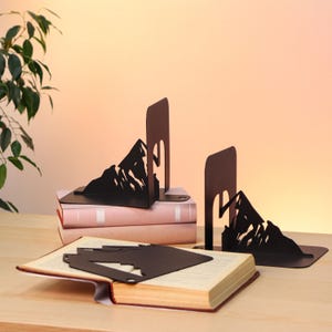 Book Ends and Bookmark Set Metal Mountain Shelf Decor Minimalist Book Holder Gift for Reader Nature Inspired Metal Bookend Book Decor