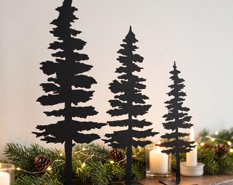 Black Metal Pine Tree Decor: Rustic Holiday Tabletop Christmas Sculpture