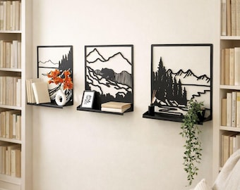 Wall Mountains Art: Metal Display with Floating Bookshelf