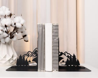 Book Lover Gift Mountain Peak Bookends Nature Bookshelf Decor Black Metal Alps Metal Art Woodland Unique Library Gift Set Everest Book End