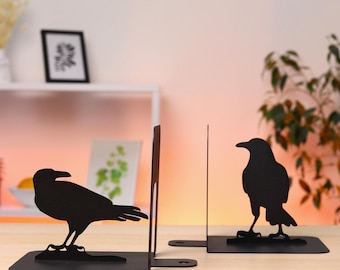 Sujetalibros de cuervo gótico, decoración de cuervo de metal negro, arte macabro de biblioteca