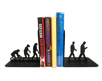 Bookends Evolution Metal Art Bookend Unique Black Monkey Book End Science Bookshelf Decor Steel Book Lover Gift for Teacher Fun Book Ends