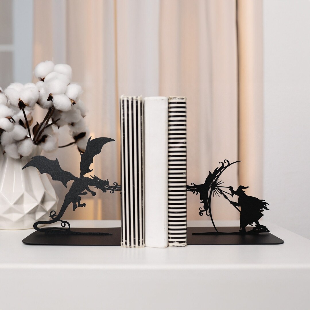 Bookends Dragon Wizard Black Metal Book Ends Fantasy Room Decor Book