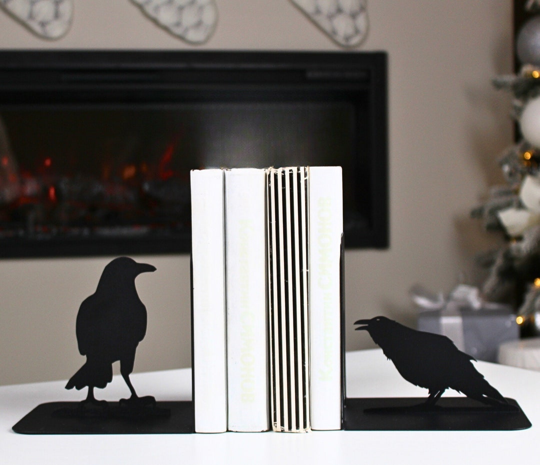 Bookends Raven Black Metal Book End Crow Unique Shelf Decor Birds Book