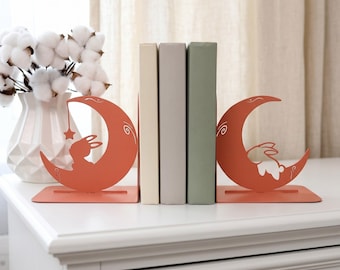 Boekensteun maan met konijn: metalen boekensteunen konijn, decoratieve boekenhouder, fantasieboeksteunen