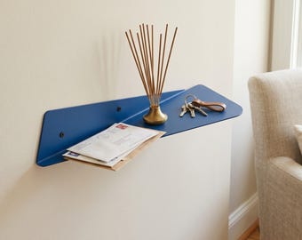 Blue Metal Floating Shelf: Geometric Inclined Bookshelf, Modern Wall Organizer