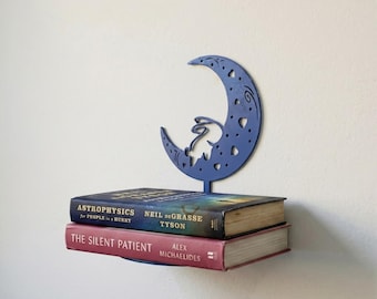 Metal Floating Bookshelf Moon Rabbit Design: Wall Book Holder for Bedroom or Kids Room