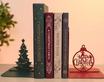 Christmas Tree & Ornament  Bookends, Metal Book Holder, Holiday Bookshelf Decor