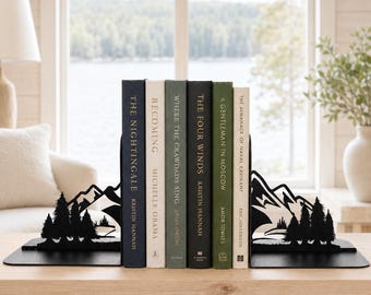 Mountain Metal Bookends: Rustic Forest Nature Decor for Shelves