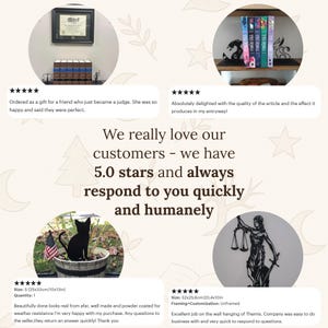 Pu&ograve; includere: Un collage di recensioni dei clienti con quattro immagini circolari: un certificato incorniciato con libri di legge, libri colorati con fermalibri in metallo nero, una sagoma di gatto nero in un vaso e una decorazione da parete in metallo nero di Temi.