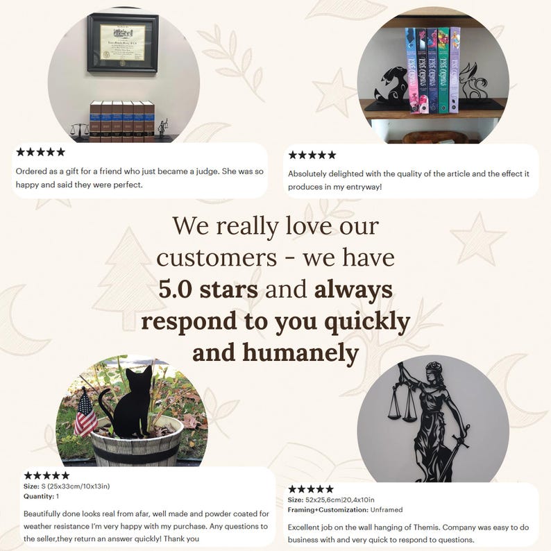 Pu&ograve; includere: Un collage di recensioni dei clienti con quattro immagini circolari: un certificato incorniciato con libri di legge, libri colorati con fermalibri in metallo nero, una sagoma di gatto nero in un vaso e una decorazione da parete in metallo nero di Temi.