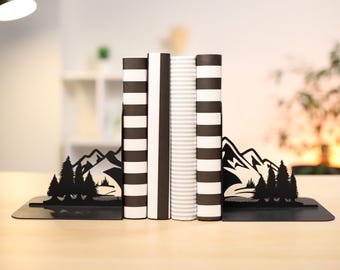 Metal Mountain Bookends: Nature Bookshelf Decor, Unique Book Lover Gift