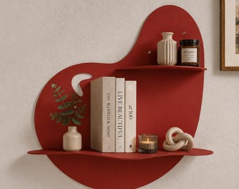 Red Metal Floating Bookshelf: Wall-Mounted Organizer for Home Library