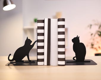 Black Cat Metal Bookends, Minimalist Bookshelf Decor