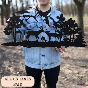 Decoración de pared de Metal Mountain: Silueta de una familia de ciervos, decoración natural para el hogar.