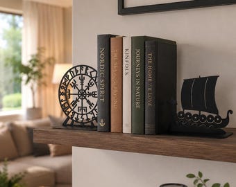 Metal Viking Ship and Compass Bookend: Scandinavian Decor, Viking Lovers Gift