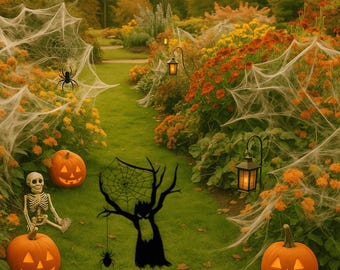 Może przedstawiać: Ogród w stylu Halloween z pomarańczowymi dyniami, białym szkieletem i czarną sylwetką drzewa z pajęczyną. Białe sztuczne pajęczyny są rozciągnięte na żółtych i pomarańczowych kwiatach, a w scenerii znajdują się dwie latarnie.