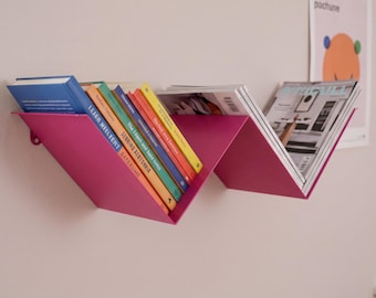 Pink Floating Bookshelf, Metal Wall Shelf, Zig Zag Book Display