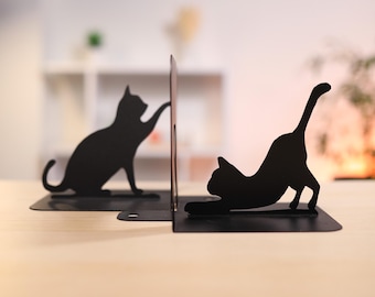 Black Cat Bookends, Metal Kitten Silhouette Book Ends, Library Decor