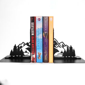 Mountain Peak Bookends Wood Mount Bookshelf Decor Black Metal Nature Metal Art, Woodland Unique Library Gift Set Everest Book Lover gift