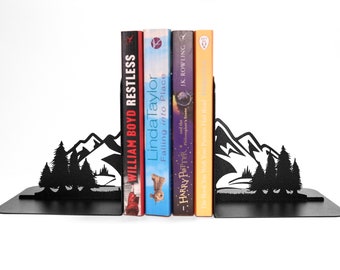 Mountain Peak Bookends Wood Mount Bookshelf Decor Black Metal Nature Metal Art, Woodland Unique Library Gift Set Everest Book Lover gift