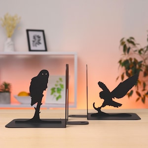 Owl Book Ends Metal Owl Rustic Bookshelf Decor Reading Nook Organizer Wildlife Theme Gift for Bird Lovers Black Metal Magician Bookends