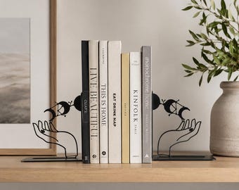 Moon Phase Bookends: Black Metal Book Holder, Unique Shelf Decor