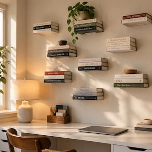 Könnte beinhalten: Eine Reihe schwebender Wandregale mit Bücherstapeln, darunter Titel wie Atomic Habits, The Daily Stoic und Kinfolk. Eine Keramik-Tischleuchte mit Stoffschirm steht auf einem Schreibtisch, daneben ein Stiftehalter aus Holz und ein Laptop.