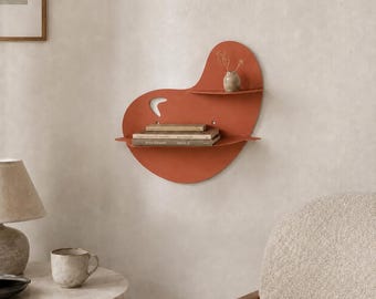 Coral Metal Floating Bookshelf: Abstract Wall-Mounted Storage, Entryway or Reading Room Organizer