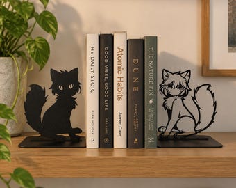Cats Metal Bookends: Manga Shelf Decor, Anime Lover Gift