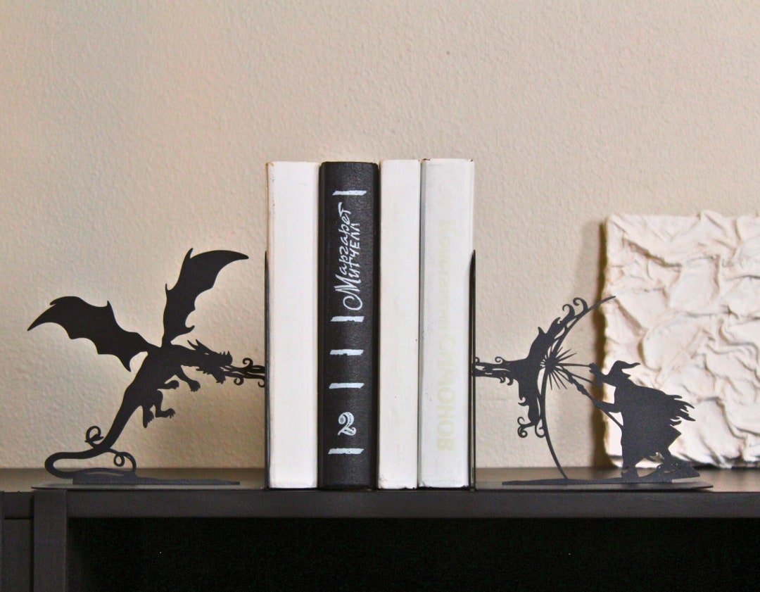 Bookends Dragon Wizard Black Metal Book Ends Fantasy Room Decor Book