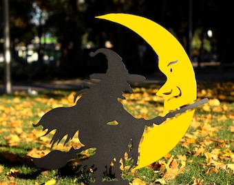 Halloween Metal Yard Art: Witch and Moon Garden Stake, Spooky Outdoor Decor