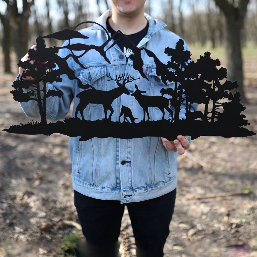 Metal Wall Art Mountain Deer Family Black Metal Wall Decor Nature ...