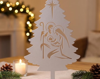 Metal Nativity Tree Decor: Silver Pine Tabletop Christmas Decor