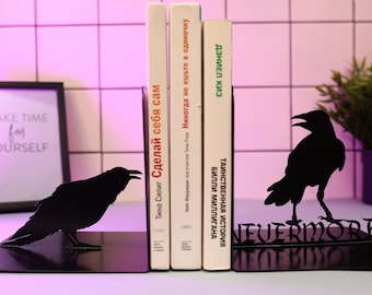 Raven Metal Bookends Nevermore Book Lover Gift Unique Metal Art Crow Bookend Gothic Bookshelf Decoration Horror Book End The Raven Poe Decor