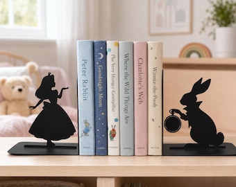 Alice in Wonderland Metal Bookends: White Rabbit Whimsical Bookshelf Decor