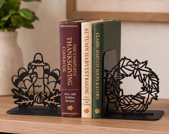 Thanksgiving Bookend: Metal Cookbooks Holder with Turkey and Wreath Design