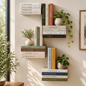 Op de afbeelding: Een set van vier zwevende wandplanken in een verspringend patroon, gevuld met diverse boeken met harde kaft en drie groene kamerplanten in potten. De boeken bevatten titels zoals The Silent Patient, Atomic Habits en The Kinfolk Home.