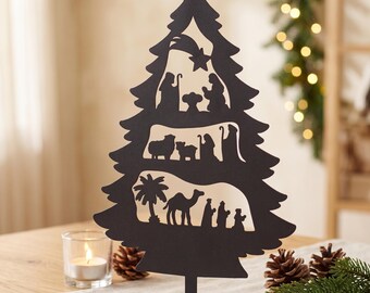 Metal Nativity Tree Decor: Black Silhouette Pine Christmas Tabletop Decor